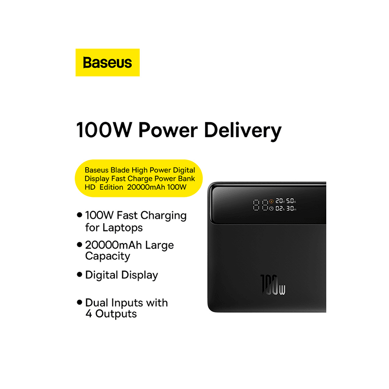 Baseus Blade Power Digital Display HD Edition 100W PD 20000 mAh Power Bank - Black