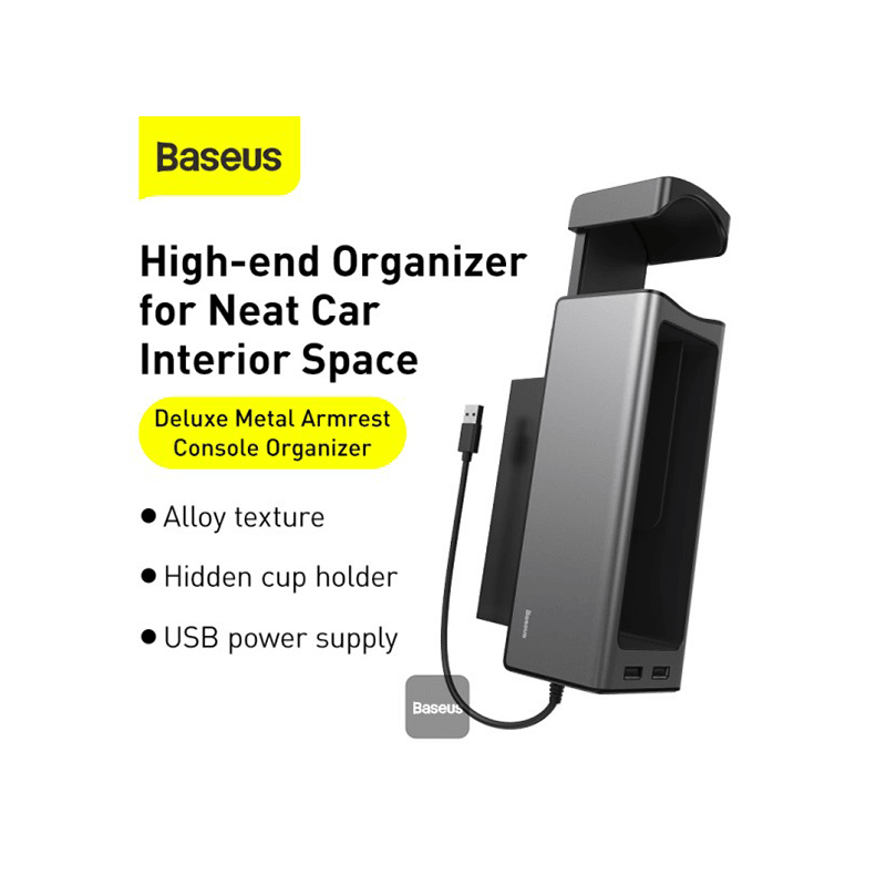 Baseus Delux Metal Armrest Console Organizer With Dual USB-A Car Charger - Black