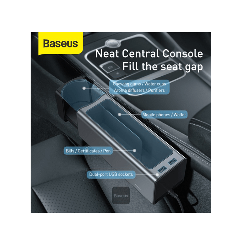 Baseus Delux Metal Armrest Console Organizer With Dual USB-A Car Charger - Black