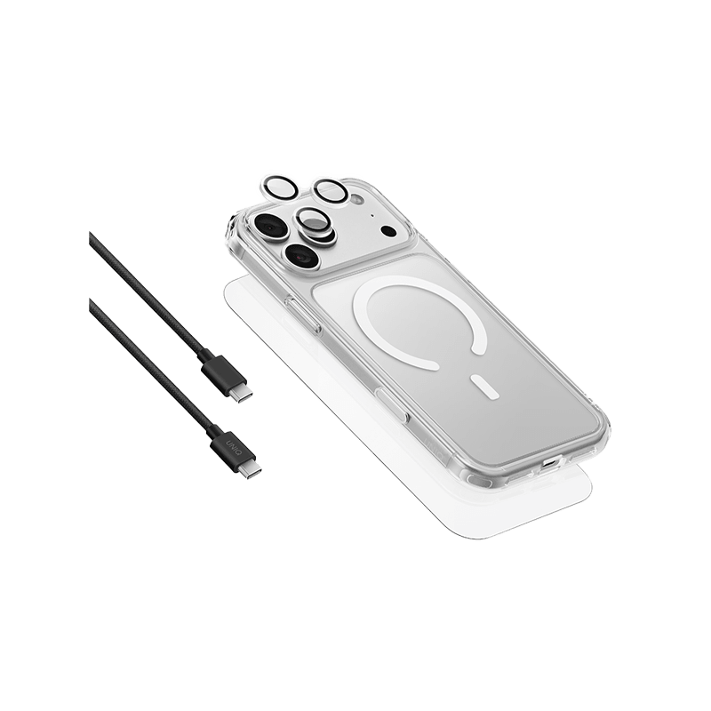 Uniq Hybrid Clearvue 360 Essential Bundle Pack (MagSafe Case + Screen Protector + Camera Lens Protector + 1M USB- C to C Cable) for iPhone 18 Pro Max