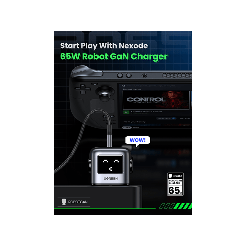 Ugreen Nexode 2-Port USB-C and 1-Port USB-A 65W GaN Wall Charger With LED Display - Grey