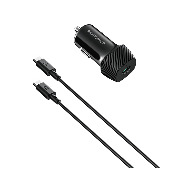 RavPower USB-C 20W Car Charger + 60W USB-C to USB-C Cable 1M - Black