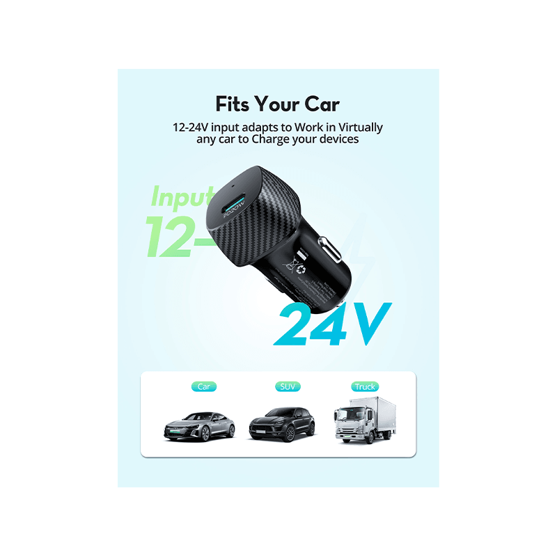 RavPower USB-C 20W Car Charger + 60W USB-C to USB-C Cable 1M - Black