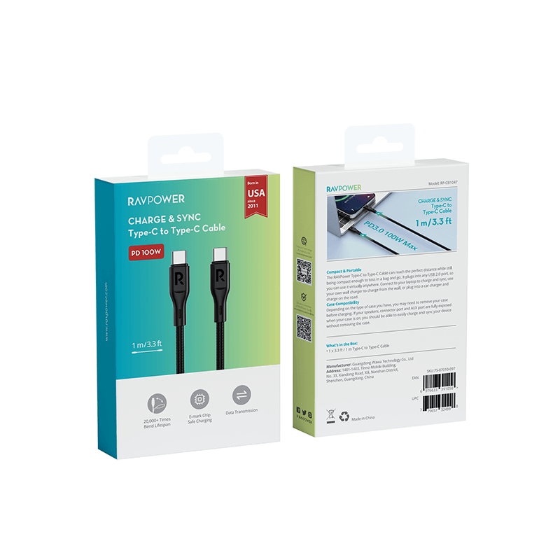 RavPower 100W USB-C to USB-C Cable 1m - Black