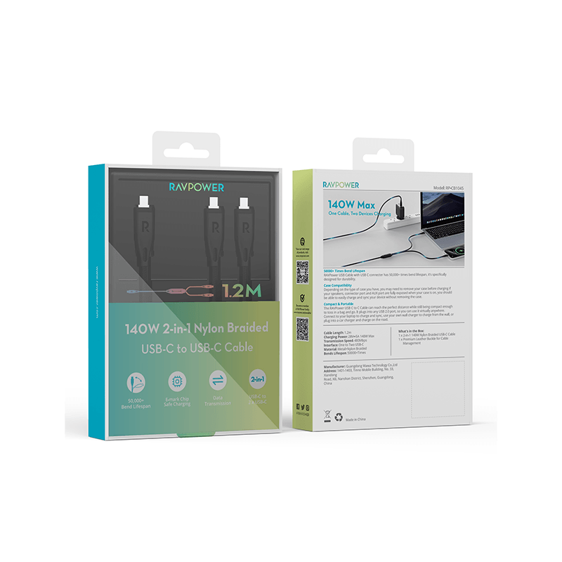 RavPower 2 in 1 USB-C to USB-C & USB-C Cable 1.2m  - Black