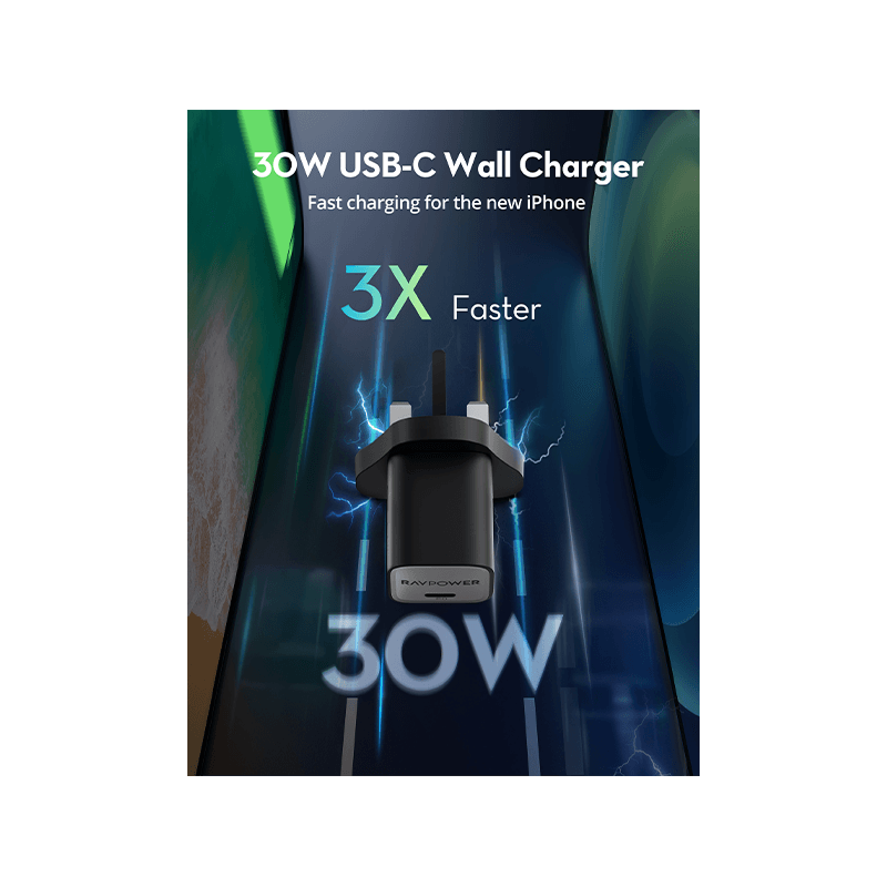 RavPower USB-C PD 30W GaN Wall Charger - Black