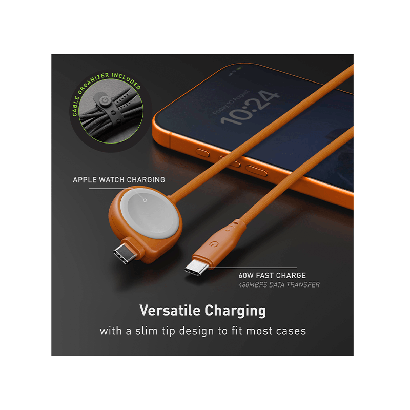 Energea Flow Duo 2-In-1 USB-C to USB-C With Apple Watch Charger 480Mbps 60W Cable 1.5M - Dark Cherry