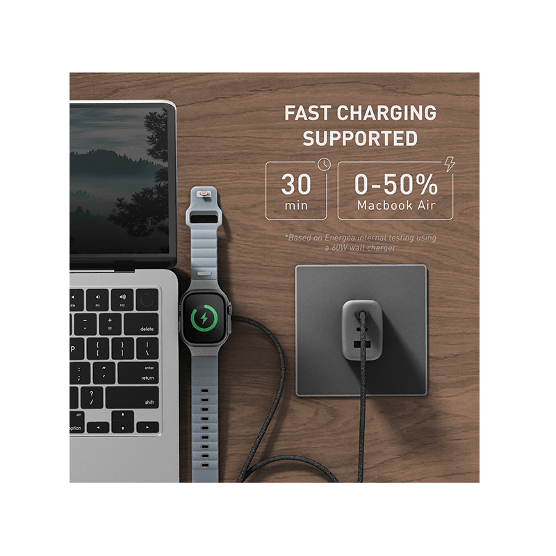 Energea Flow Duo 2-In-1 USB-C to USB-C With Apple Watch Charger 480Mbps 60W Cable 1.5M - Dark Cherry