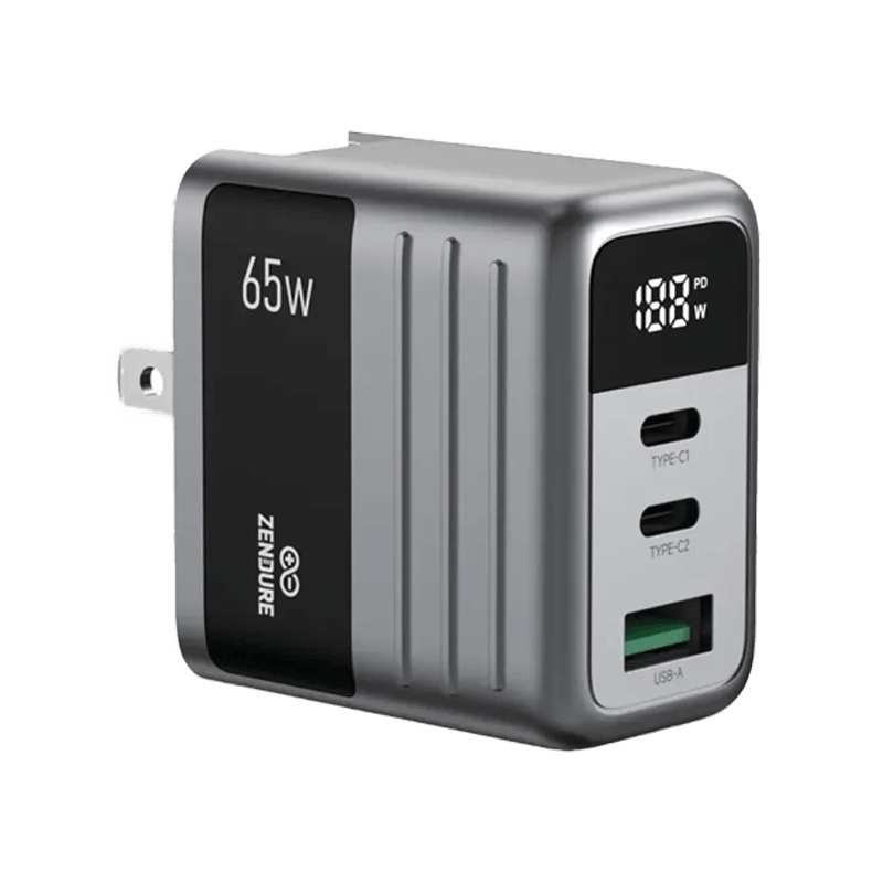 Zendure 2-Port USB-C and 1-Port USB-A 65W Wall Charger - Dark Grey
