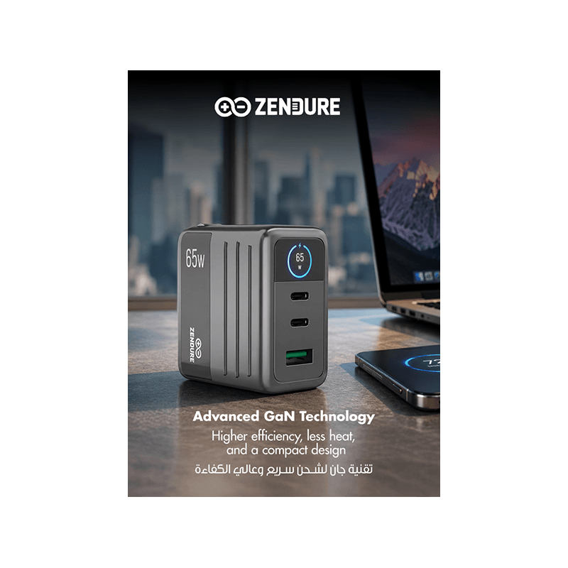 Zendure 2-Port USB-C and 1-Port USB-A 65W Wall Charger - Dark Grey