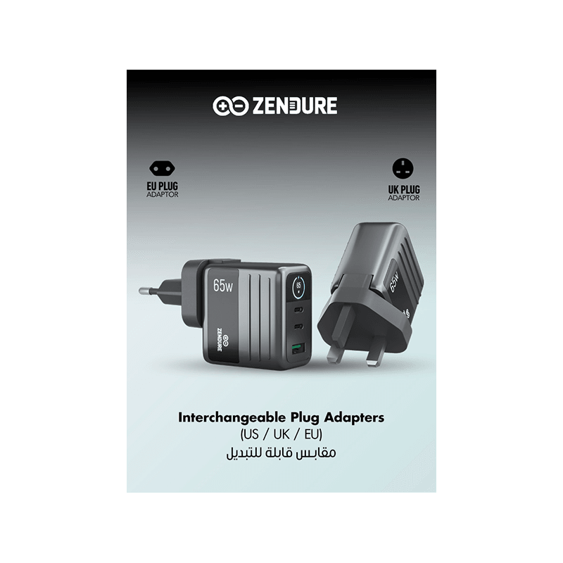 Zendure 2-Port USB-C and 1-Port USB-A 65W Wall Charger - Dark Grey