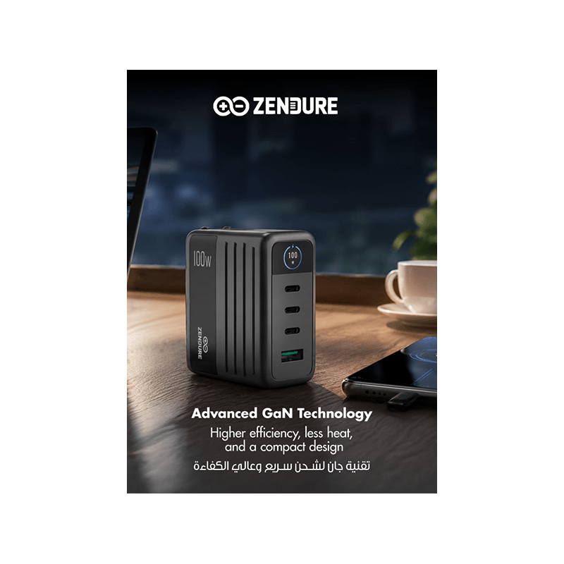Zendure 3-Port USB-C and 1-Port USB-A 100W Wall Charger - Dark Grey