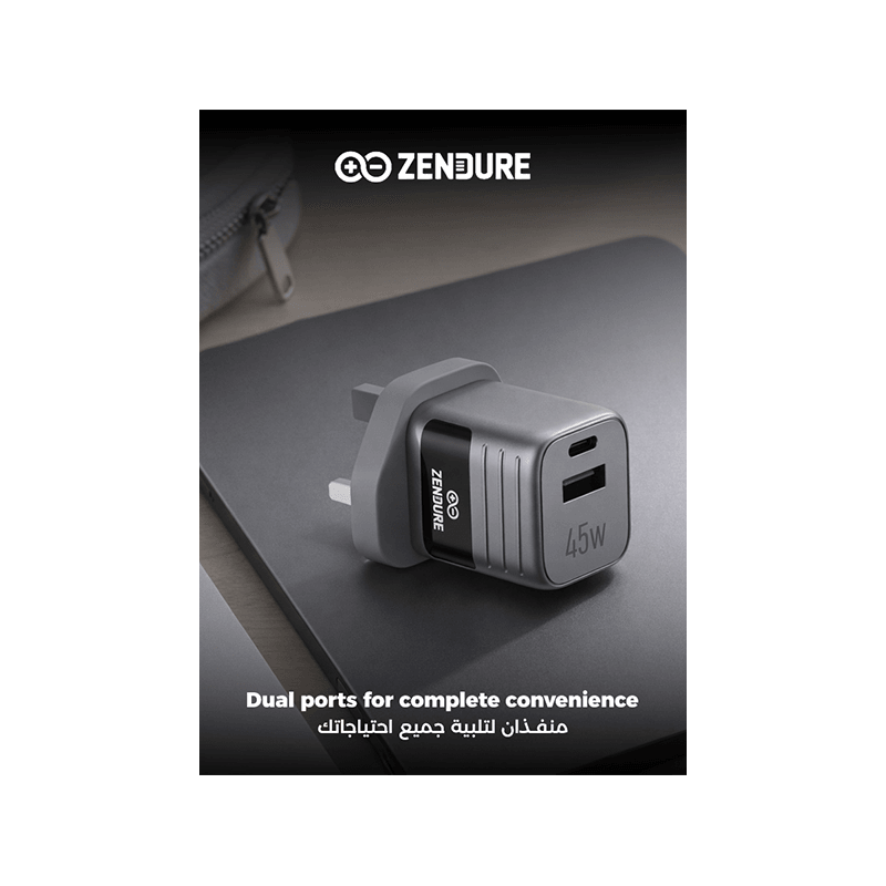 Zendure SuperMini Hybrid 1-Port USB-C and 1-Port USB-A 45W Fast Wall Charger - Silver/Black