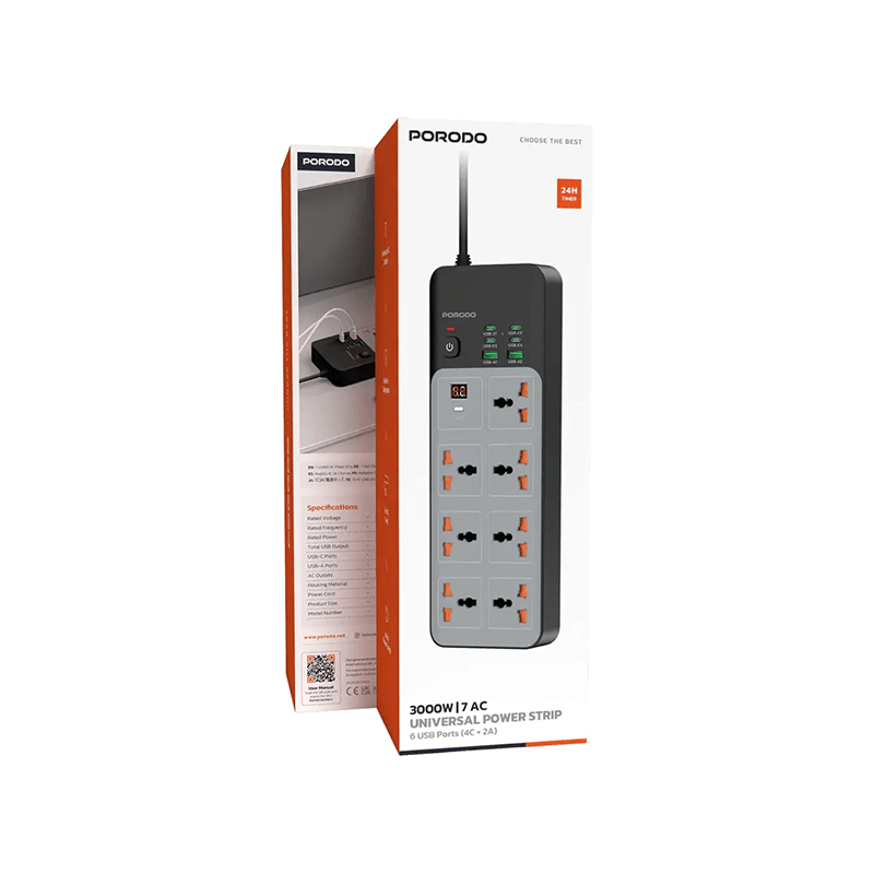 Porodo 2 USB-A + 4 USB-C + 7 Power Sockets With 3M Cable - Black