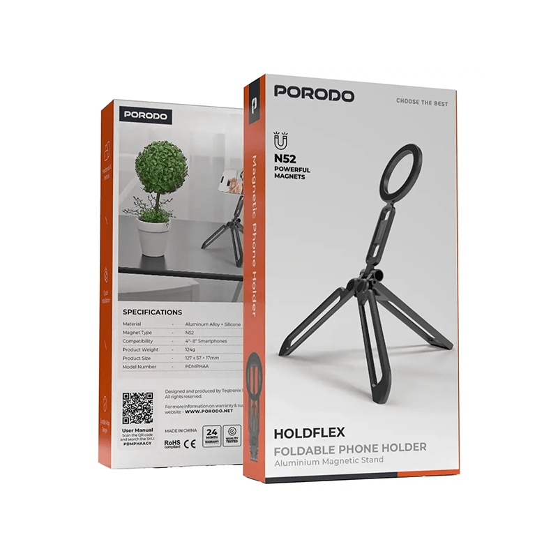 Porodo Holdflex Foldable Phone Holder with Aluminum Magnetic Stand - Gray