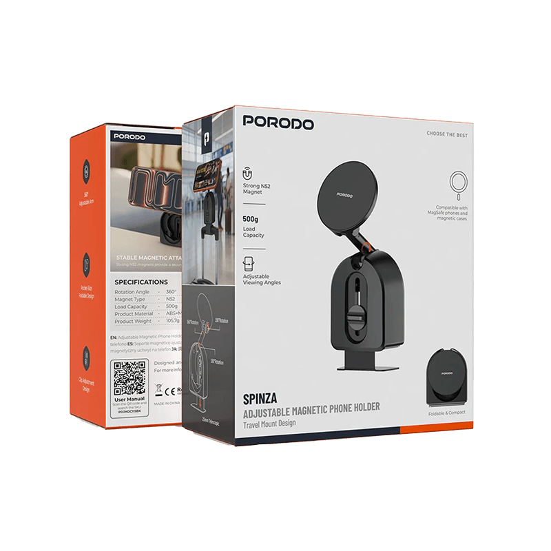Porodo Spinza Adjustable Magnetic Phone Holder - Black