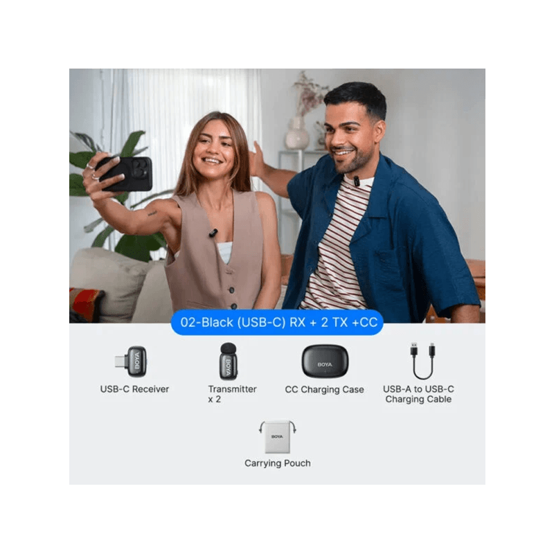 Boya Mini 2 Wireless Microphone with Ai Noise Cancellation USB-C Connector With Charging Case (2TX+1RX) - Space Gray