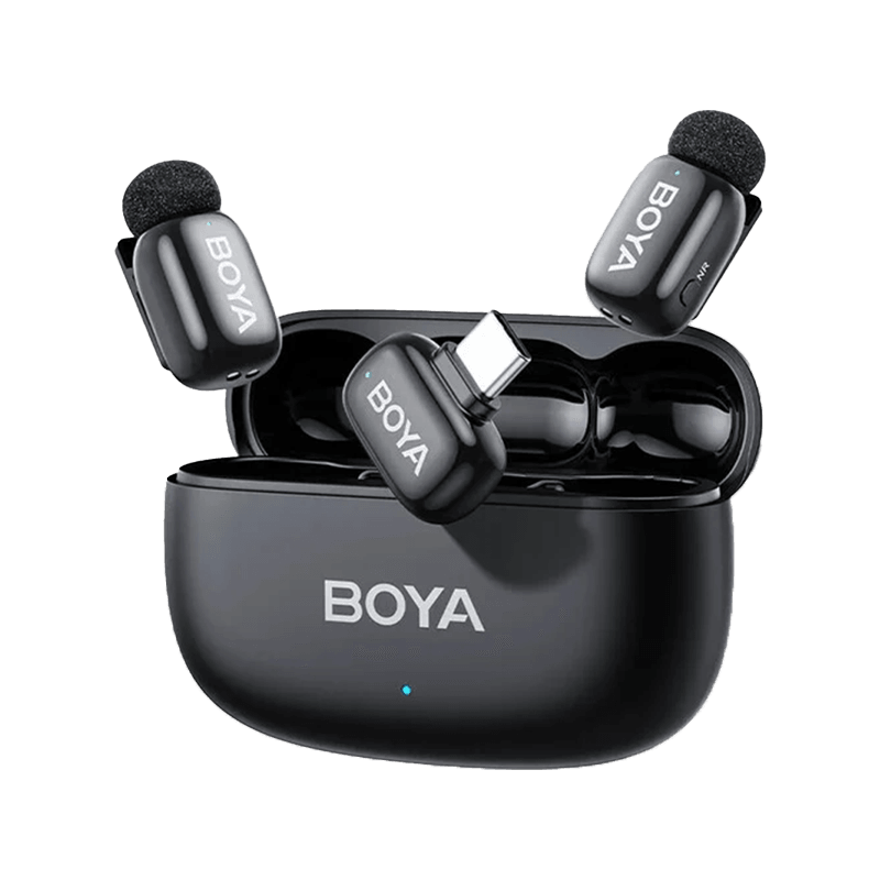 Boya Mini 2 Wireless Microphone with Ai Noise Cancellation USB-C Connector With Charging Case (2TX+1RX) - Black