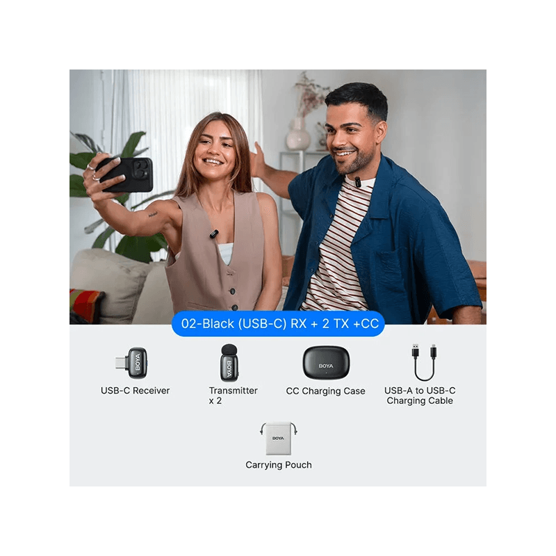 Boya Mini 2 Wireless Microphone with Ai Noise Cancellation USB-C Connector With Charging Case (2TX+1RX) - Black