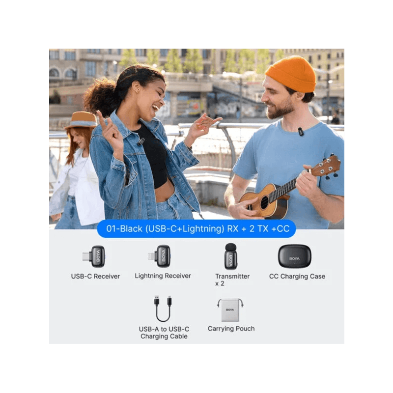 Boya Mini 2-01 Wireless Microphone with Ai Noise Cancellation USB-C + Lightning Connector With Charging Case (2TX+1RX) - Space Gray