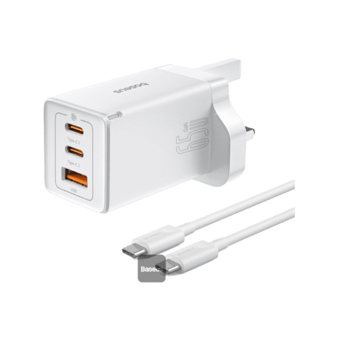 Baseus GaN5 Pro 2-Port USB-C and 1-Port USB-A 65W Wall Charger - Moon White (Baseus Xiaobai USB-C to USB-C 100W Cable 1m - White)