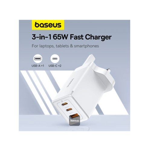 Baseus GaN5 Pro 2-Port USB-C and 1-Port USB-A 65W Wall Charger - Moon White (Baseus Xiaobai USB-C to USB-C 100W Cable 1m - White)