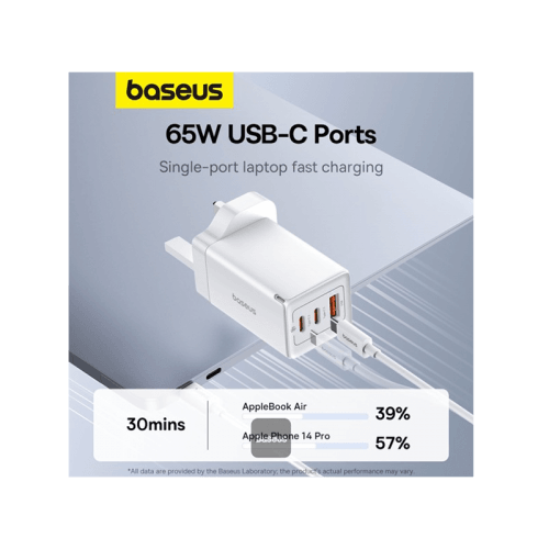 Baseus GaN5 Pro 2-Port USB-C and 1-Port USB-A 65W Wall Charger - Moon White (Baseus Xiaobai USB-C to USB-C 100W Cable 1m - White)