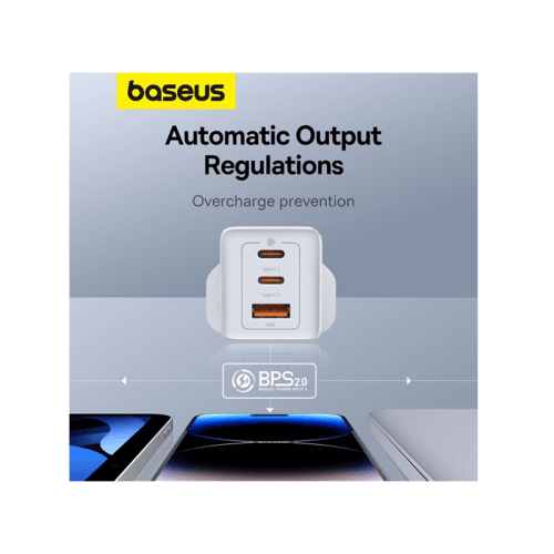 Baseus GaN5 Pro 2-Port USB-C and 1-Port USB-A 65W Wall Charger - Moon White (Baseus Xiaobai USB-C to USB-C 100W Cable 1m - White)