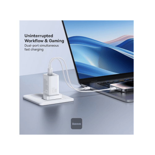 Baseus GaN5 Pro 2-Port USB-C and 1-Port USB-A 65W Wall Charger - Moon White (Baseus Xiaobai USB-C to USB-C 100W Cable 1m - White)