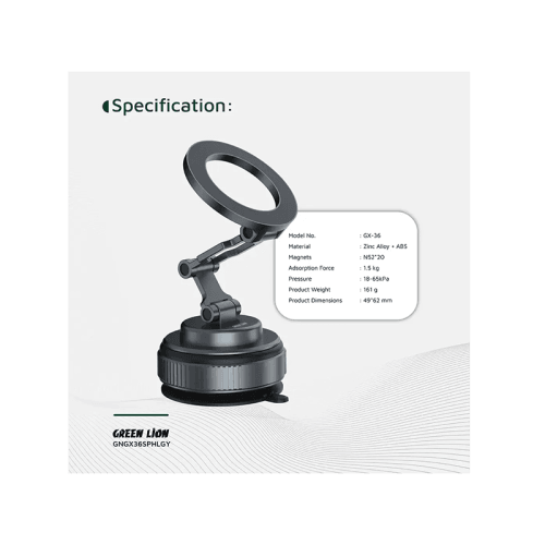 Green Lion GX-36 360° Rotation MagSafe Vacuum Suction Phone Holder - Grey