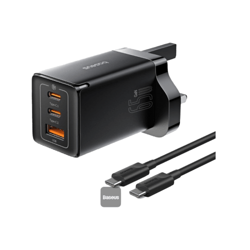 Baseus GaN5 Pro 2-Port USB-C and 1-Port USB-A 65W Wall Charger - Cluster Black (Baseus Xiaobai USB-C to USB-C 100W Cable 1m - Black)