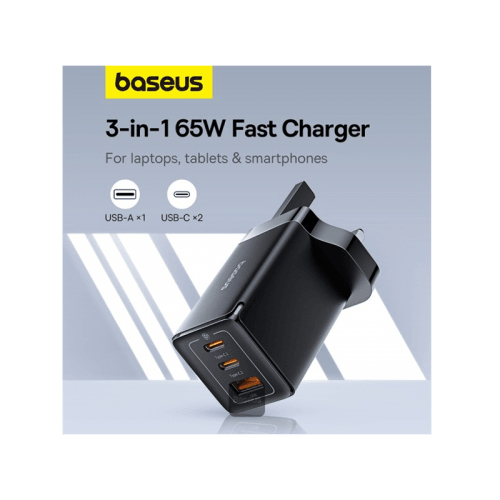 Baseus GaN5 Pro 2-Port USB-C and 1-Port USB-A 65W Wall Charger - Cluster Black (Baseus Xiaobai USB-C to USB-C 100W Cable 1m - Black)