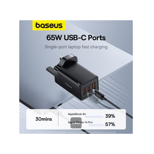 Baseus GaN5 Pro 2-Port USB-C and 1-Port USB-A 65W Wall Charger - Cluster Black (Baseus Xiaobai USB-C to USB-C 100W Cable 1m - Black)