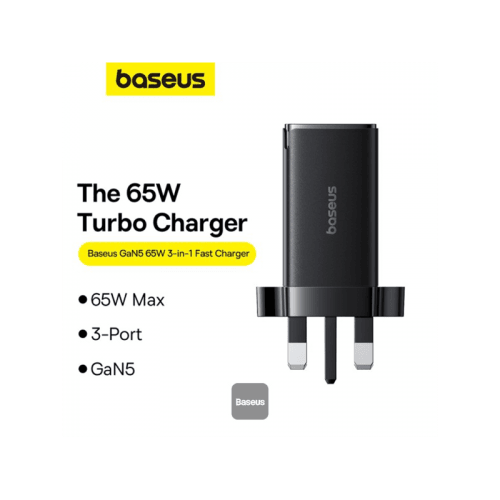 Baseus GaN5 Pro 2-Port USB-C and 1-Port USB-A 65W Wall Charger - Cluster Black (Baseus Xiaobai USB-C to USB-C 100W Cable 1m - Black)