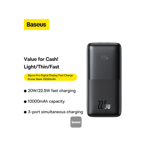Baseus Bipow Pro 10000mAh Display Fast Charging Power Bank - Black (USB-A to USB-C 0.3M Cable - Black)