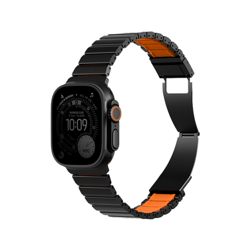 Uniq Strova Flex Self-Adjustable Steel Link Band for Apple Watch 49/46/45/44mm - Midnight Black/ Volt Orange