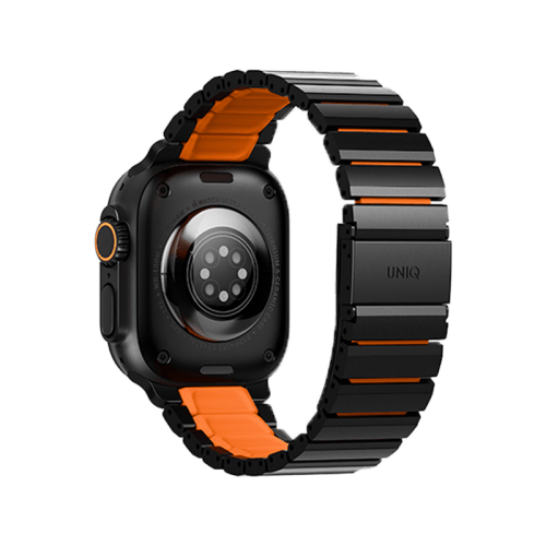 Uniq Strova Flex Self-Adjustable Steel Link Band for Apple Watch 49/46/45/44mm - Midnight Black/ Volt Orange