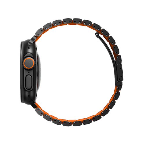 Uniq Strova Flex Self-Adjustable Steel Link Band for Apple Watch 49/46/45/44mm - Midnight Black/ Volt Orange