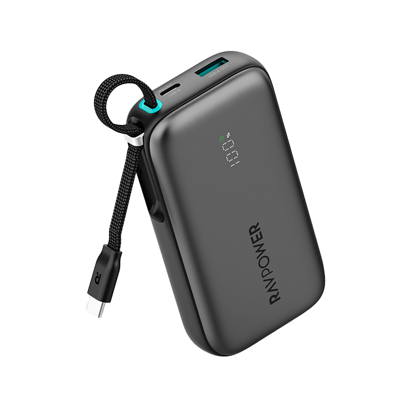 RavPower 1-Port USB-C and 1-Port USB-A PD 45W With Built-In USB-C Cable 10000mAh Power Bank - Black