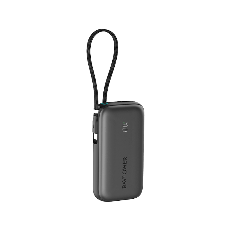 RavPower 1-Port USB-C and 1-Port USB-A PD 45W With Built-In USB-C Cable 10000mAh Power Bank - Black