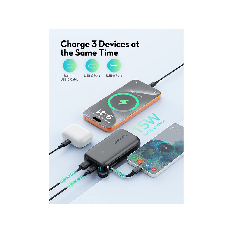RavPower 1-Port USB-C and 1-Port USB-A PD 45W With Built-In USB-C Cable 10000mAh Power Bank - Black