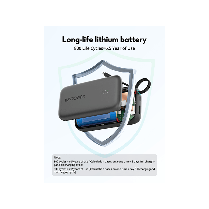 RavPower 1-Port USB-C and 1-Port USB-A PD 45W With Built-In USB-C Cable 10000mAh Power Bank - Black