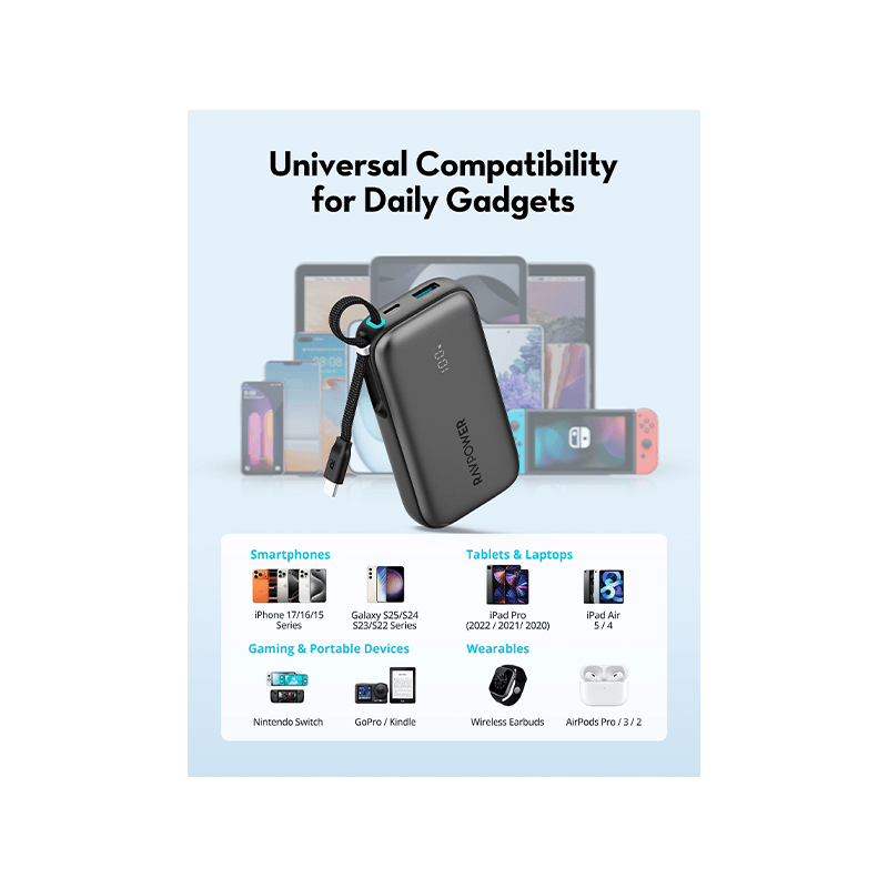 RavPower 1-Port USB-C and 1-Port USB-A PD 45W With Built-In USB-C Cable 10000mAh Power Bank - Black