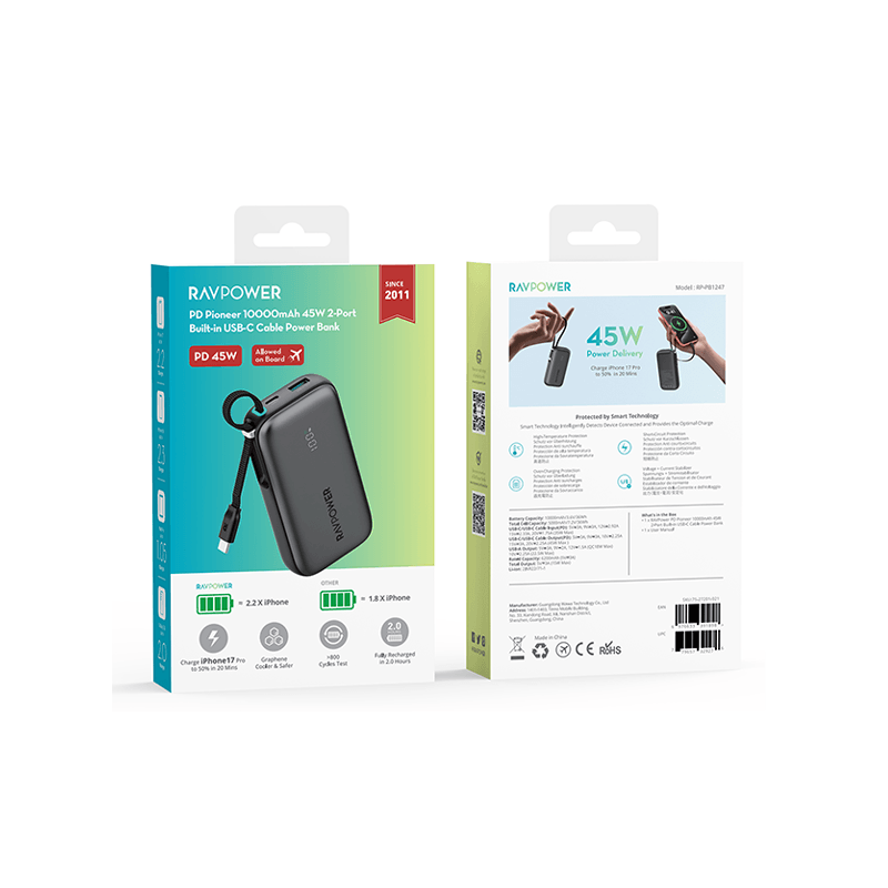 RavPower 1-Port USB-C and 1-Port USB-A PD 45W With Built-In USB-C Cable 10000mAh Power Bank - Black