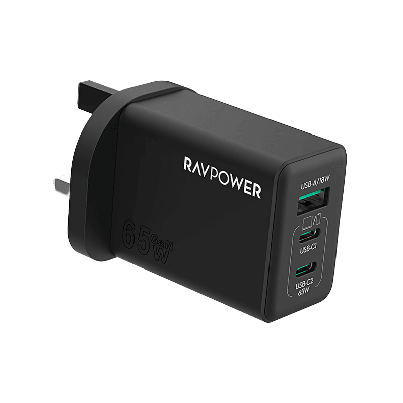 RavPower 2-Port USB-C and 1-Port USB-A PD 65W GaN Wall Charger - Black