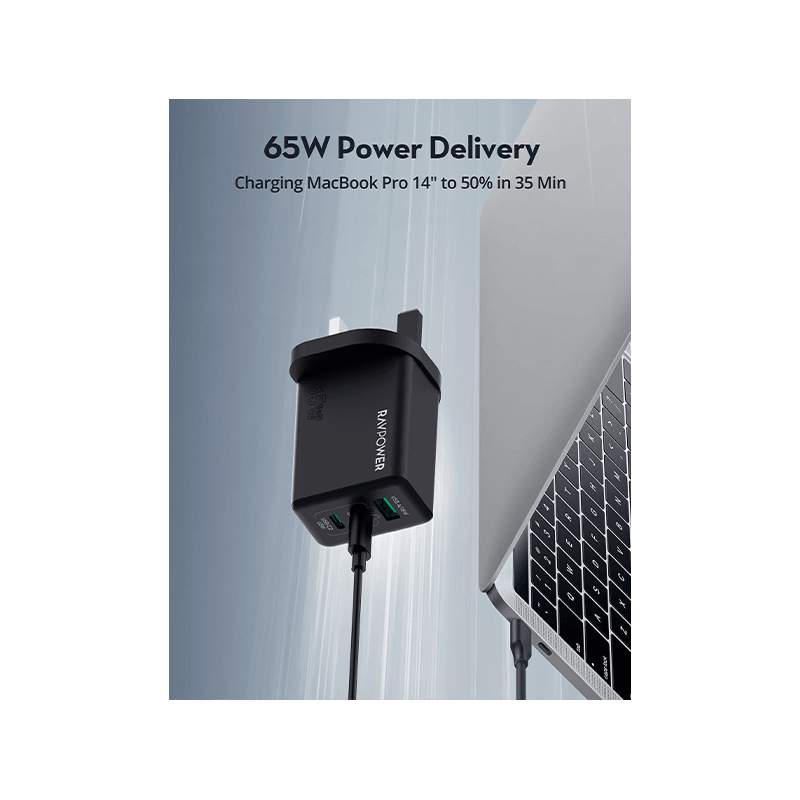 RavPower 2-Port USB-C and 1-Port USB-A PD 65W GaN Wall Charger - Black
