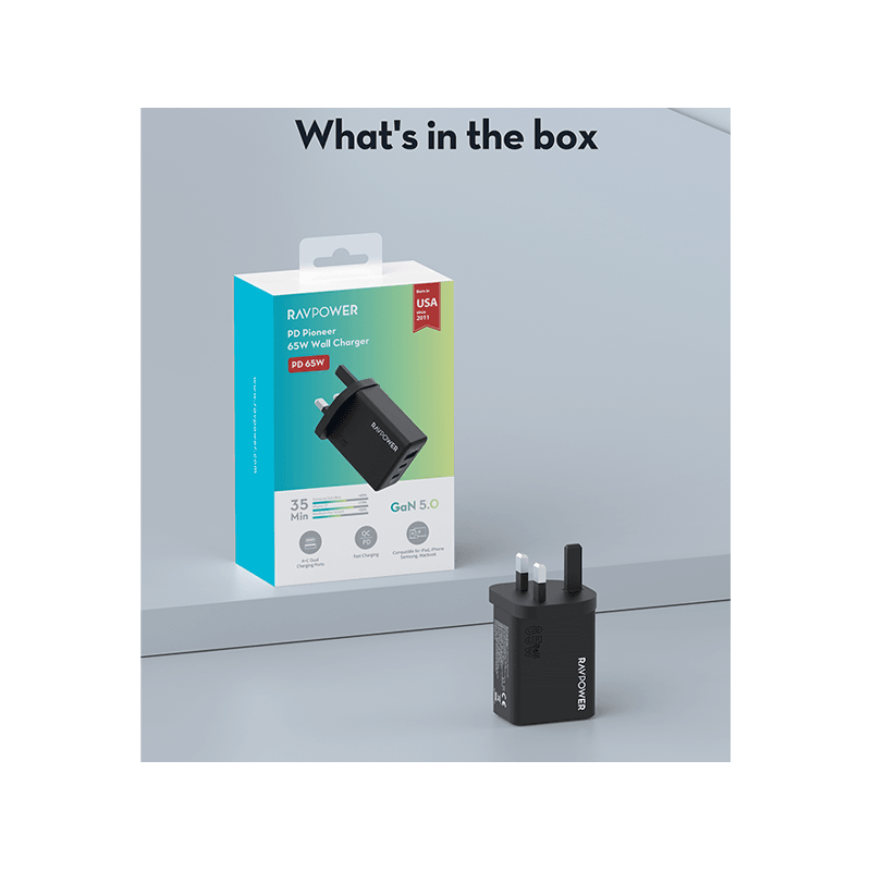RavPower 2-Port USB-C and 1-Port USB-A PD 65W GaN Wall Charger - Black