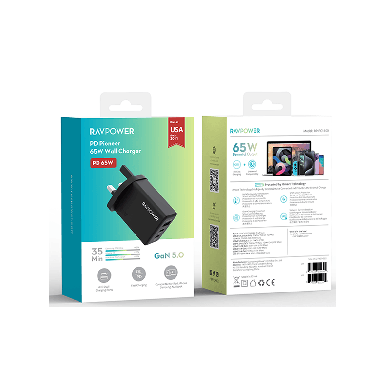 RavPower 2-Port USB-C and 1-Port USB-A PD 65W GaN Wall Charger - Black