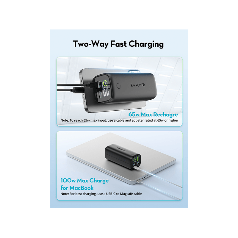 RavPower 2-Port USB-C and 2-Port USB-A PD 100W 20000mAh Digital Display Power Bank - Black