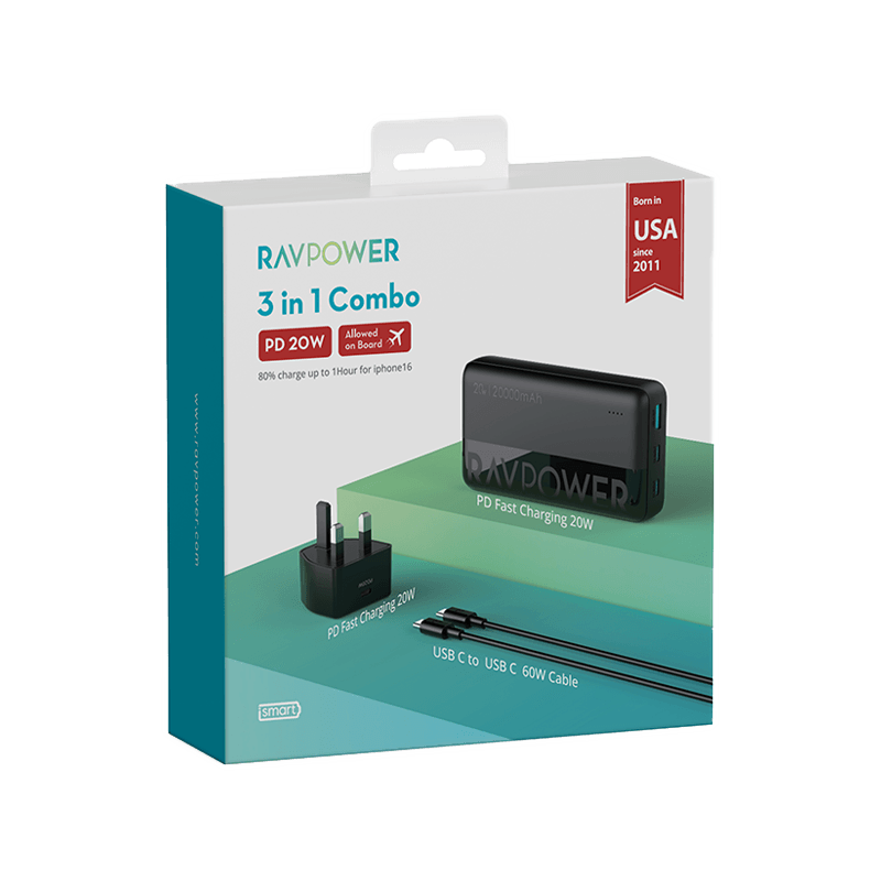 RavPower 3 In 1 Combo (USB-C Wall Charger + USB-C to USB-C Cable + 20000mAh Power Bank)